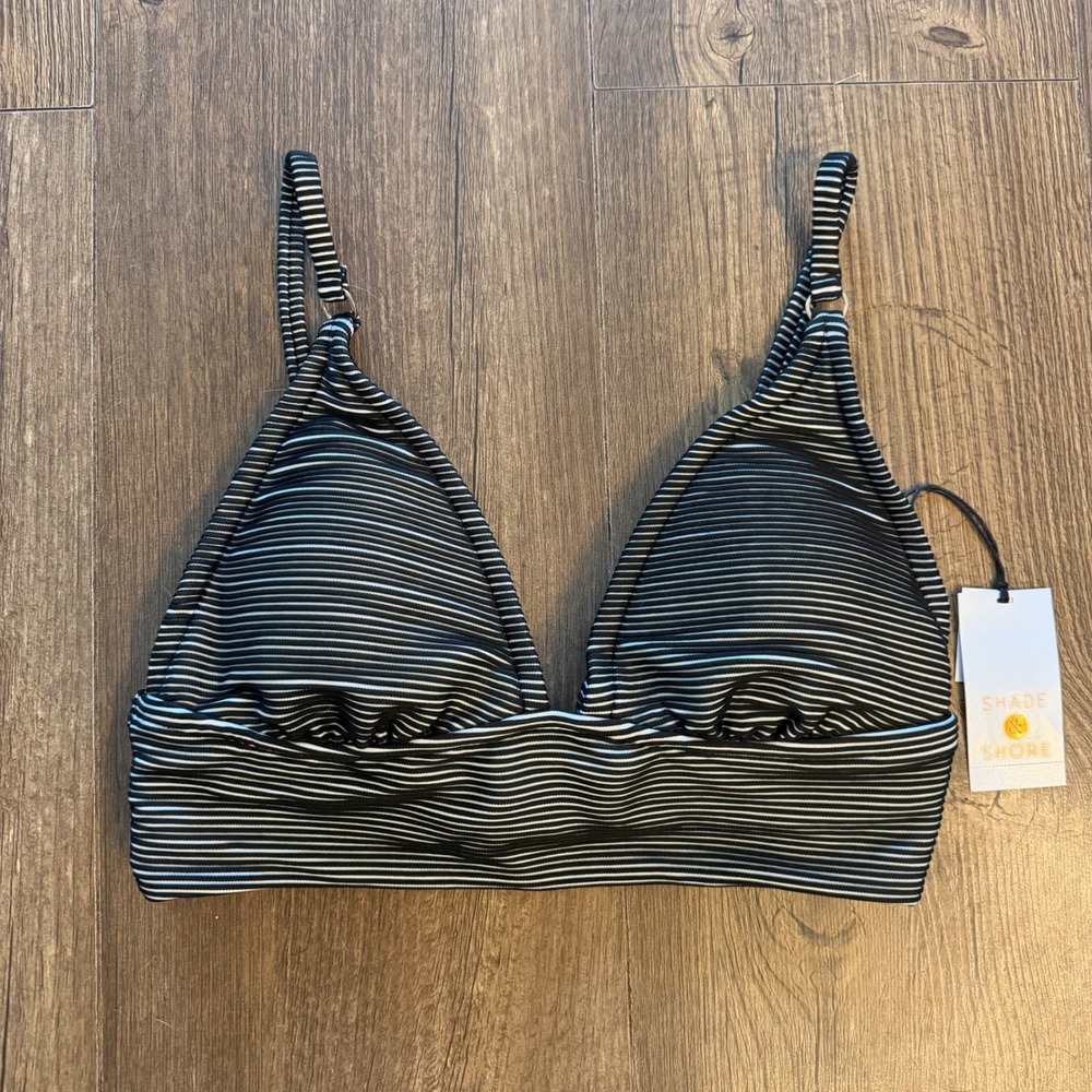 Shade & Shore Bikini Top Women Size M Black White Striped Longline Triangle NWT - Picture 1 of 9